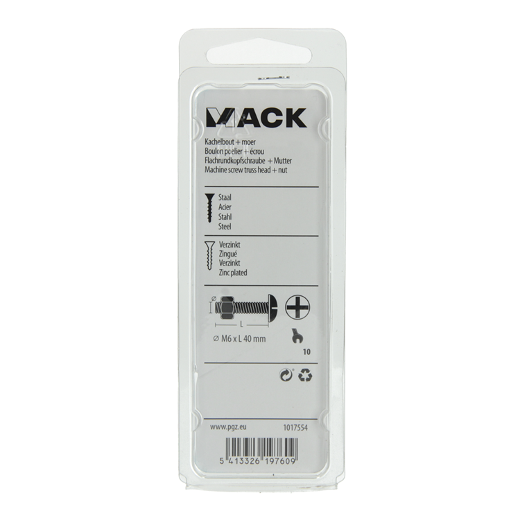 Mack 1017554 – Heizungsschraube + Mutter aus verzinktem Stahl, 7 Stück, M6 x 40 mm | 5 Stück