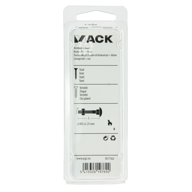 Mack 1017562 – Holzschraube + Mutter aus verzinktem Stahl, 12 Stück, M5 x 25 mm | 5 Stück