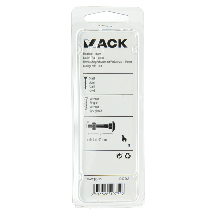 Mack 1017565 – Holzschraube + Mutter aus verzinktem Stahl, 8 Stück, M5 x 50 mm | 5 Stück