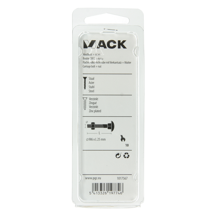 Mack 1017567 – Holzschraube + Mutter aus verzinktem Stahl, 9 Stück, M6 x 25 mm | 5 Stück