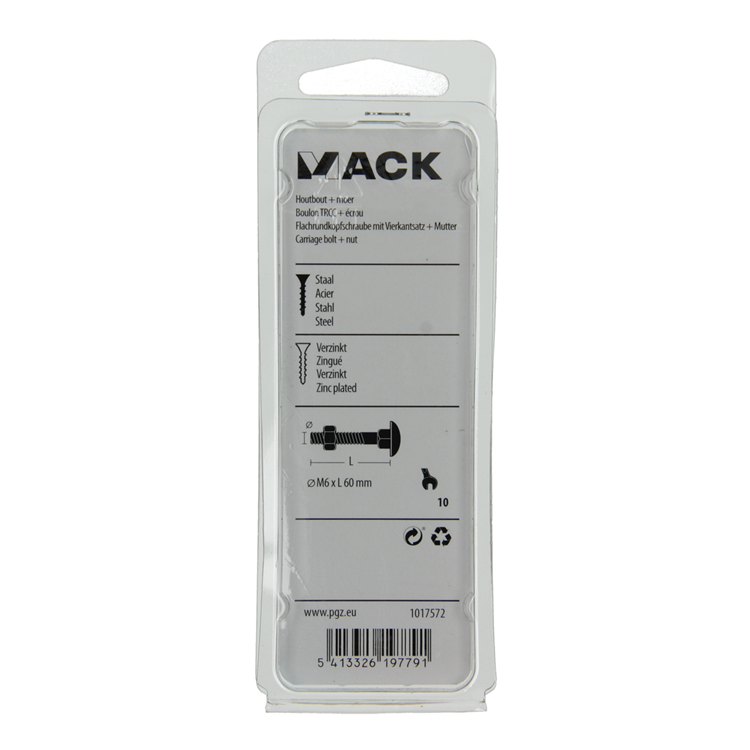 Mack 1017572 – Holzschraube + Mutter aus verzinktem Stahl, 6 Stück, M6 x 60 mm | 5 Stück
