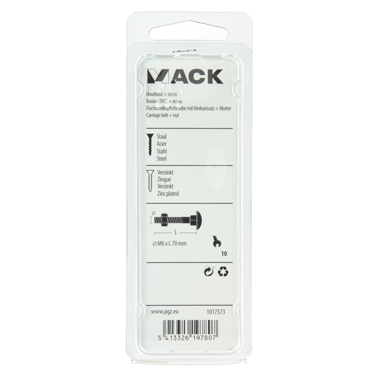 Mack 1017573 – Holzschraube + Mutter aus verzinktem Stahl, 5 Stück, M6 x 70 mm | 5 Stück