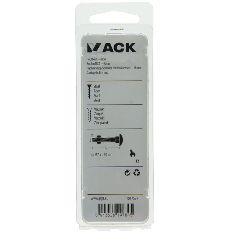 Mack 1017577 – Holzschraube + Mutter aus verzinktem Stahl, 4 Stück, M7 x 50 mm | 5 Stück