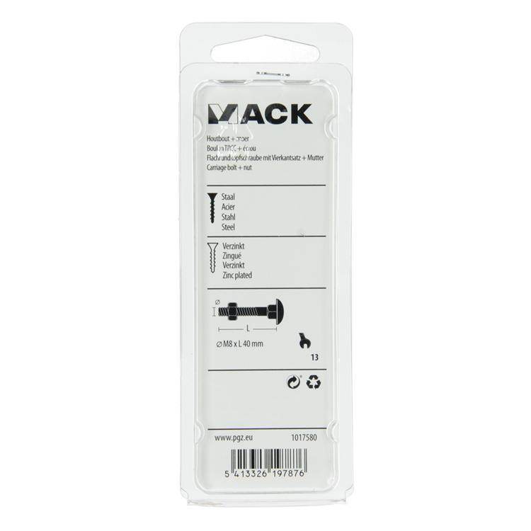 Mack 1017580 – Holzschraube + Mutter aus verzinktem Stahl, 5 Stück, M8 x 40 mm | 5 Stück