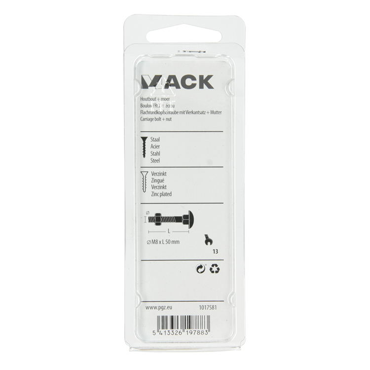 Mack 1017581 – Holzschraube + Mutter aus verzinktem Stahl, 5 Stück, M8 x 50 mm | 5 Stück