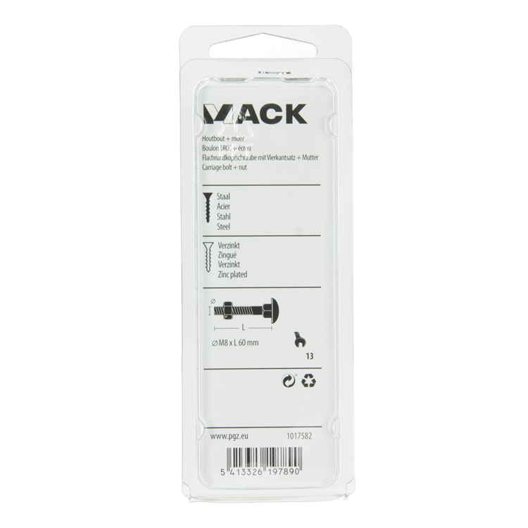 Mack 1017582 – Holzschraube + Mutter aus verzinktem Stahl, 4 Stück, M8 x 60 mm | 5 Stück