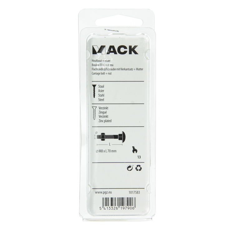 Mack 1017583 – Holzschraube + Mutter aus verzinktem Stahl, 3 Stück, M8 x 70 mm | 5 Stück