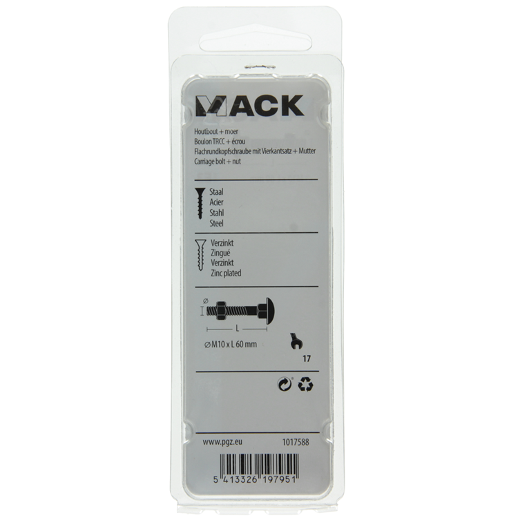 Mack 1017588 – Holzschraube + Mutter aus verzinktem Stahl, 2 Stück, M10 x 60 mm | 5 Stück
