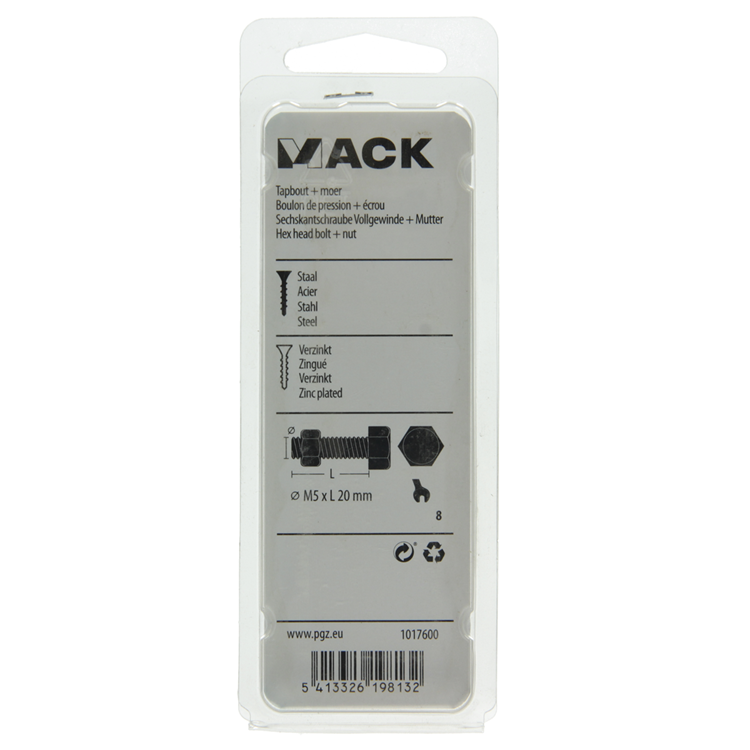 Mack 1017600 – Hahnschraube + Mutter aus verzinktem Stahl, 14 Stück, M5 x 20 mm | 10 Stück
