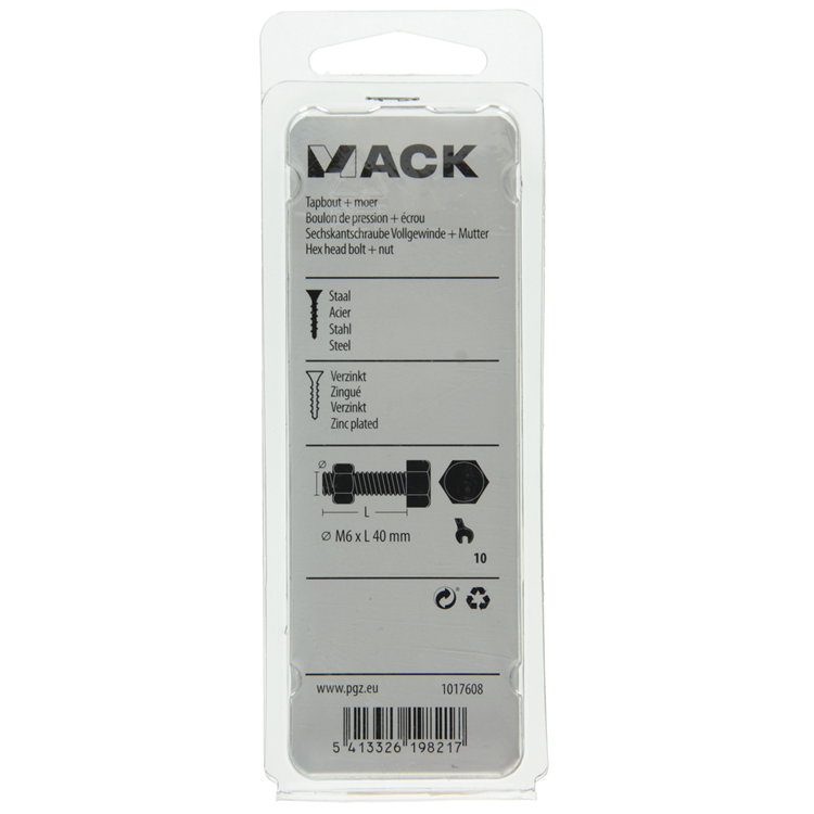 Mack 1017608 – Hahnschraube + Mutter aus verzinktem Stahl, 10 Stück, M6 x 40 mm | 5 Stück