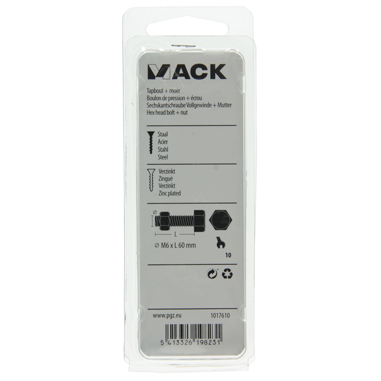 Mack 1017610 – Hahnschraube + Mutter aus verzinktem Stahl, 7 Stück, M6 x 60 mm | 10 Stück