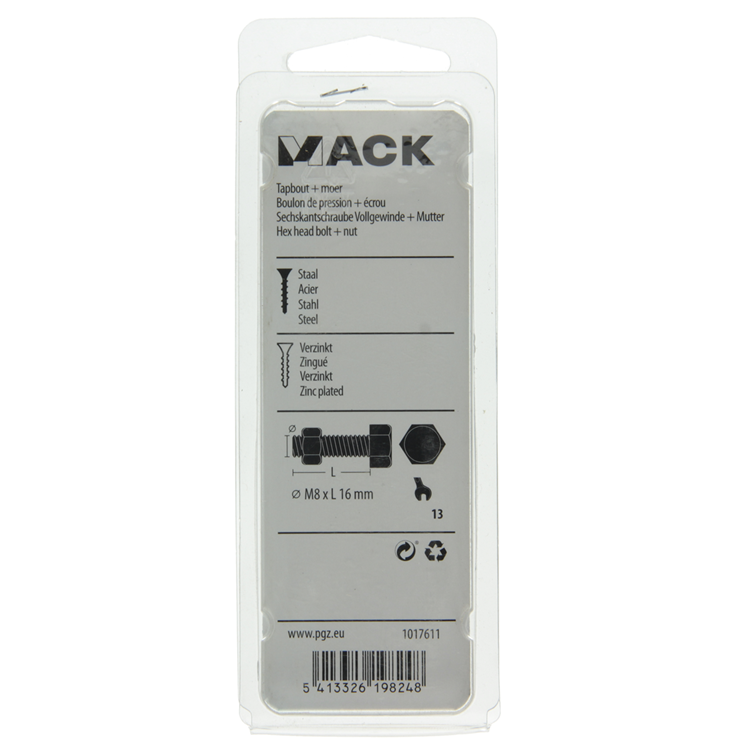 Mack 1017611 – Hahnschraube + Mutter aus verzinktem Stahl, 8 Stück, M8 x 16 mm | 10 Stück