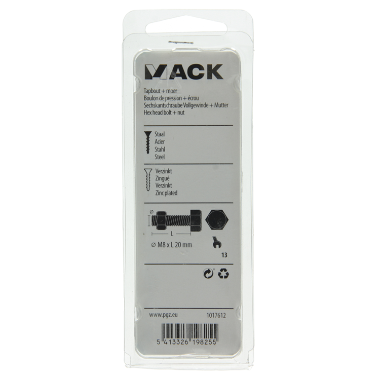 Mack 1017612 – Hahnschraube + Mutter aus verzinktem Stahl, 7 Stück, M8 x 20 mm | 10 Stück