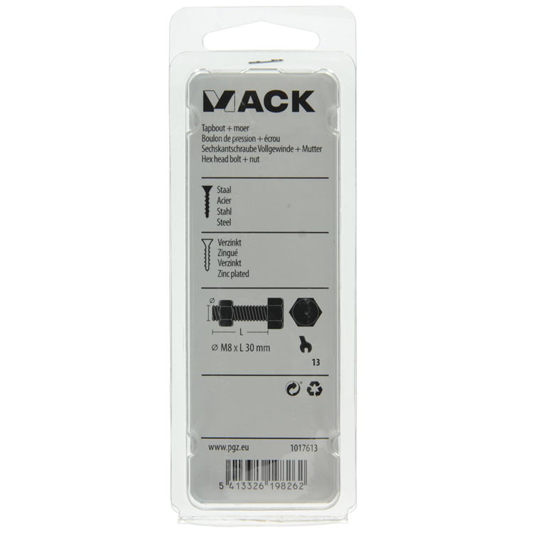Mack 1017613 – Hahnschraube + Mutter aus verzinktem Stahl, 6 Stück, M8 x 30 mm | 5 Stück