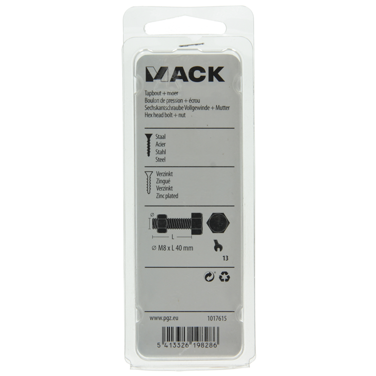 Mack 1017615 – Hahnschraube + Mutter aus verzinktem Stahl, 5 Stück, M8 x 40 mm | 5 Stück
