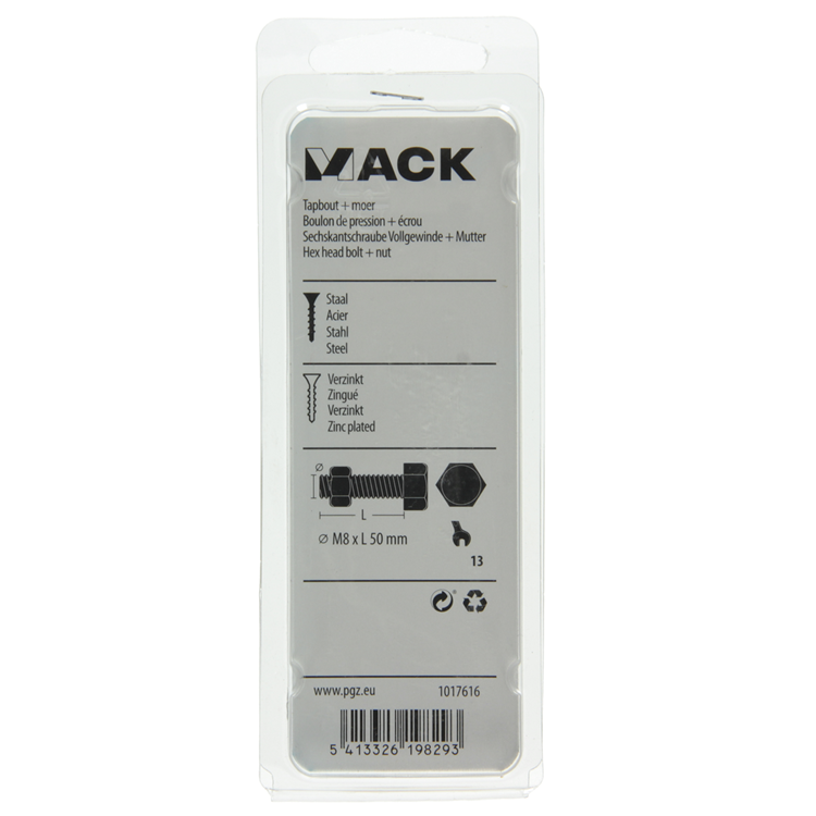 Mack 1017616 – Hahnschraube + Mutter aus verzinktem Stahl, 4 Stück, M8 x 50 mm | 10 Stück