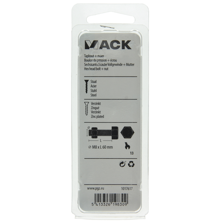 Mack 1017617 – Hahnschraube + Mutter aus verzinktem Stahl, 4 Stück, M8 x 60 mm | 10 Stück