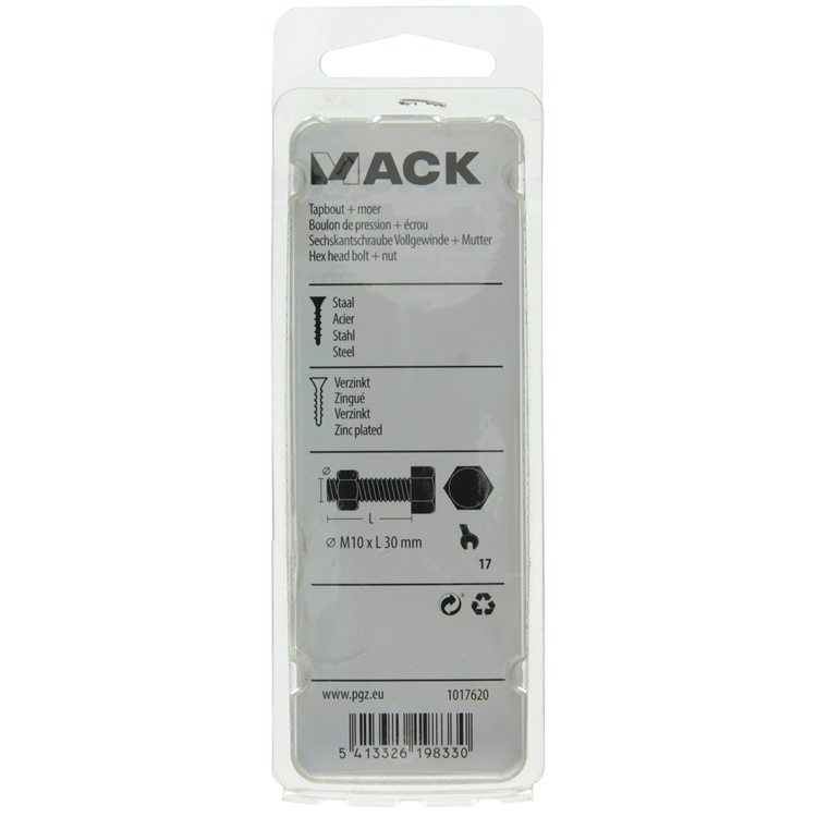 Mack 1017620 – Hahnschraube + Mutter aus verzinktem Stahl, 3 Stück, M10 x 30 mm | 5 Stück