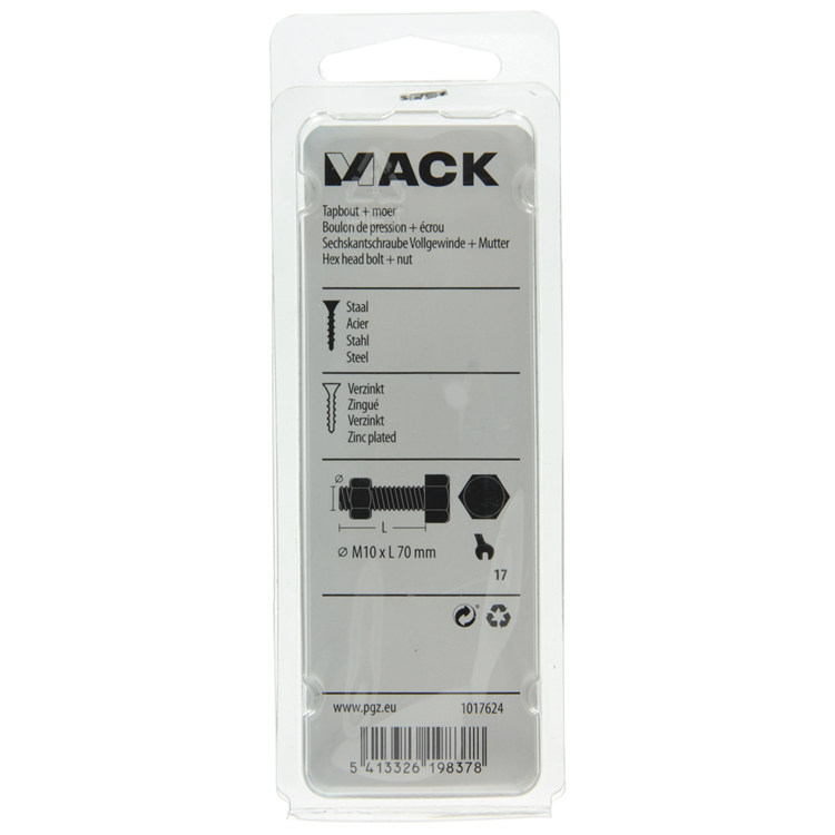 Mack 1017624 – Hahnschraube + Mutter aus verzinktem Stahl, 2 Stück, M10 x 70 mm | 5 Stück