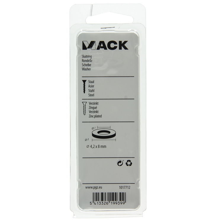 Mack 1017712 – Unterlegscheibe aus verzinktem Stahl, 60 Stück, 4,2 x 8 mm | 10 Stück