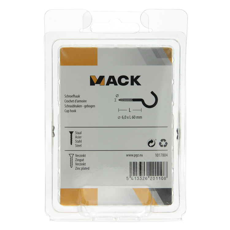 Mack 1017804 - Schraubhaken verzinkter Stahl 3 Stück 6,0 x 60 mm | 5 Stück