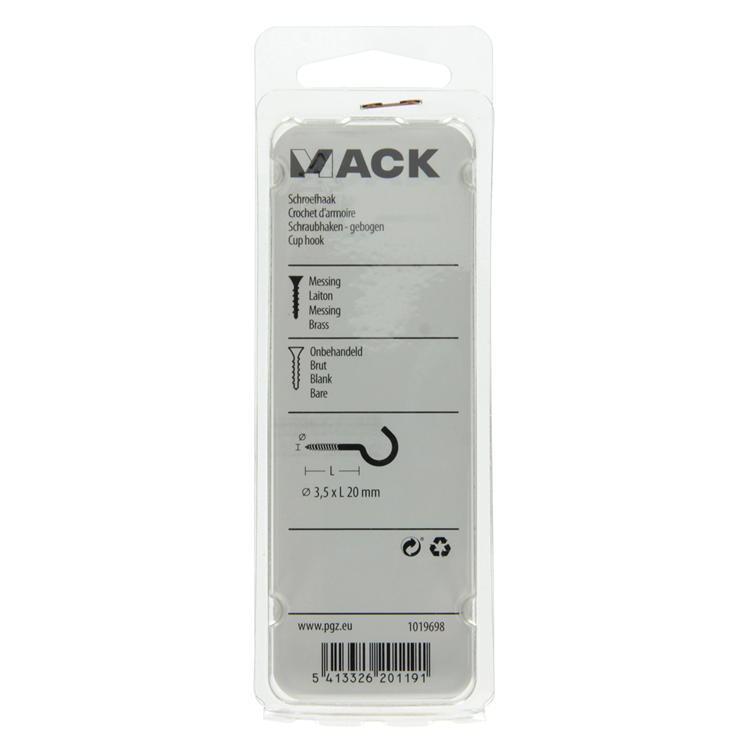 Mack 1019698 - Schraubhaken Messing 3 Stück 3,5 x 20 mm | 10 Stück