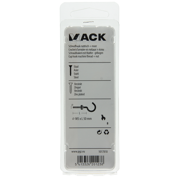 Mack 1017810 – metrischer Schraubhaken + Mutter verzinkt 4 Stück M5 x 50 mm | 10 Stück