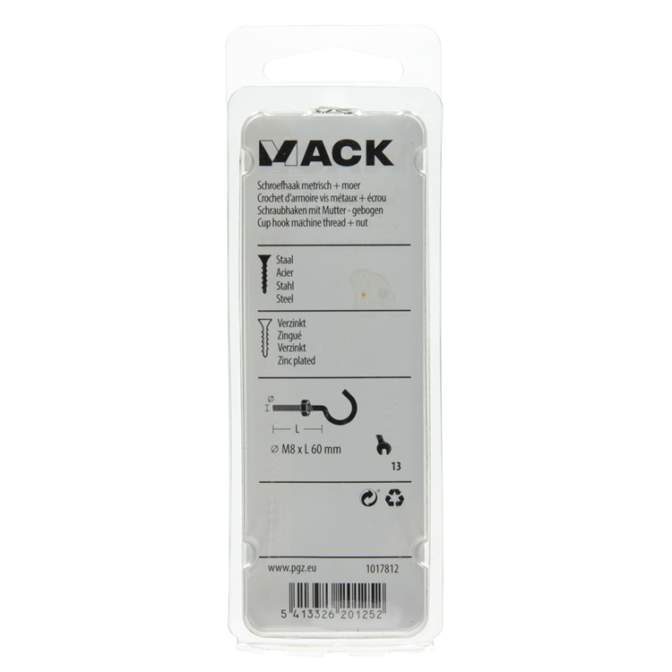 Mack 1017812 – metrischer Schraubhaken + Mutter verzinkt 2 Stück M8 x 60 mm | 10 Stück