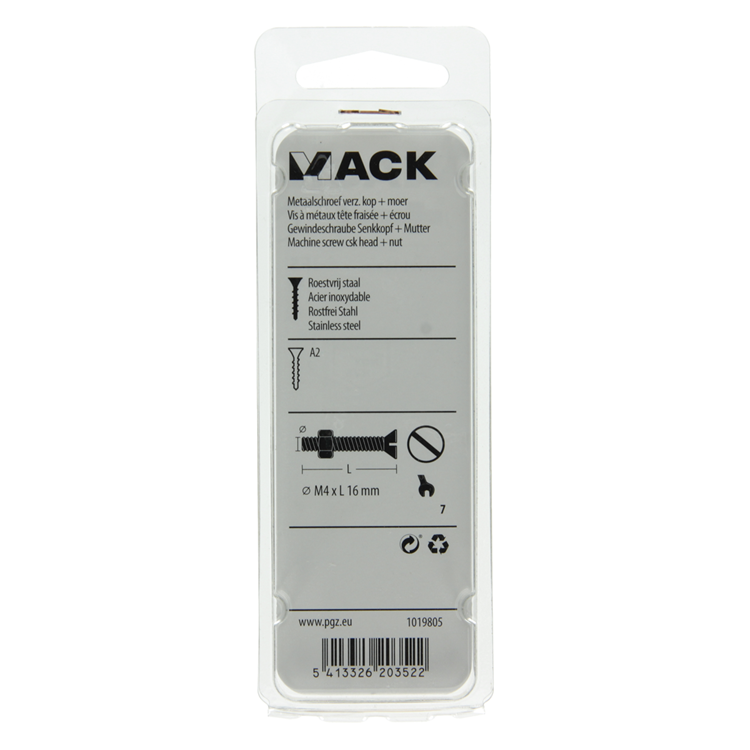 Mack 1019805 – Metallschraube verzinkt. Kopf + Mutter Edelstahl 13 Stück M4x16 | 10 Stück