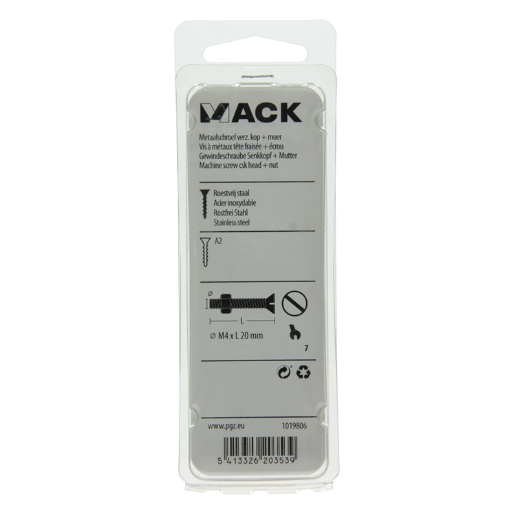 Mack 1019806 – Metallschraube verzinkt. Kopf + Mutter Edelstahl 12 Stück M4x20 | 10 Stück