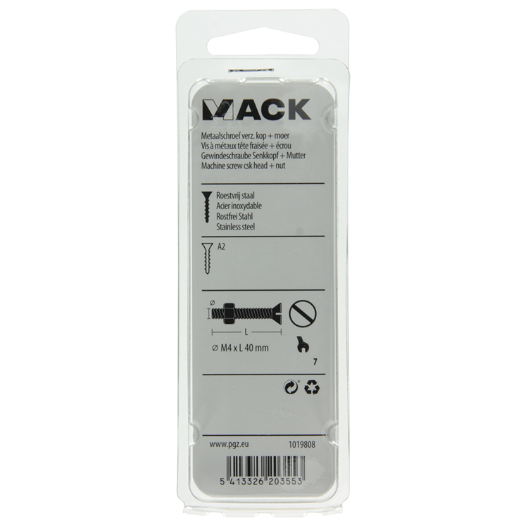 Mack 1019808 – Metallschraube verzinkt. Kopf + Mutter Edelstahl 8 Stk. M4x40 | 10 Stück