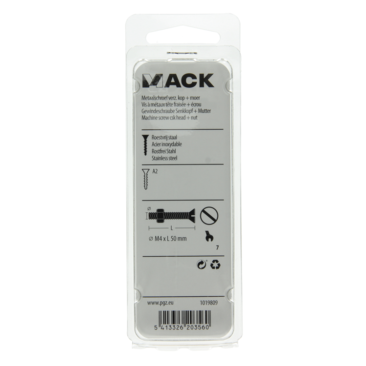 Mack 1019809 – Metallschraube verzinkt. Kopf + Mutter Edelstahl 7 Stk. M4x50 | 10 Stück