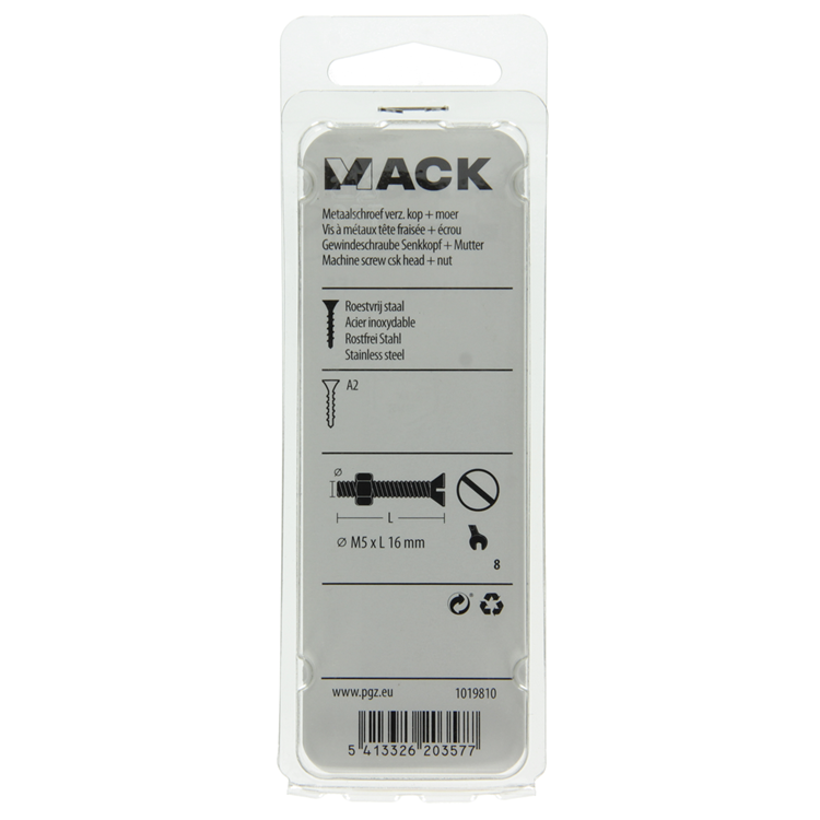Mack 1019810 – Metallschraube verzinkt. Kopf + Mutter Edelstahl 8 Stk. M5x16 | 10 Stück