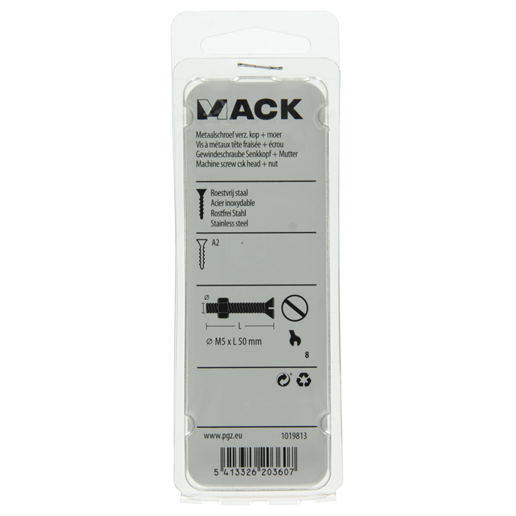 Mack 1019813 – Metallschraube verzinkt. Kopf + Mutter Edelstahl 4 Stk. M5x50 | 10 Stück