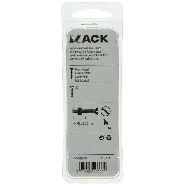 Mack 1019814 – Metallschraube verzinkt. Kopf + Mutter Edelstahl 5 Stk. M6x20 | 10 Stück