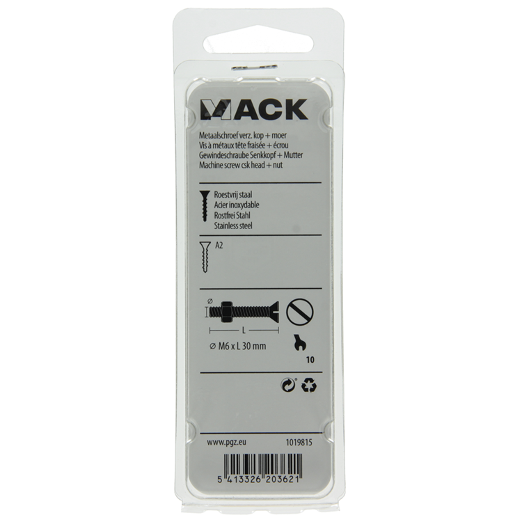 Mack 1019815 – Metallschraube verzinkt. Kopf + Mutter Edelstahl 4 Stk. M6x30 | 10 Stück