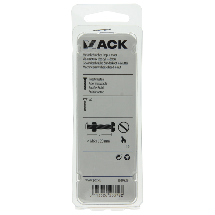 Mack 1019829 – Metallschrauben-Zyl. Kopf + Mutter Edelstahl 5 Stk. M6x20 | 10 Stück
