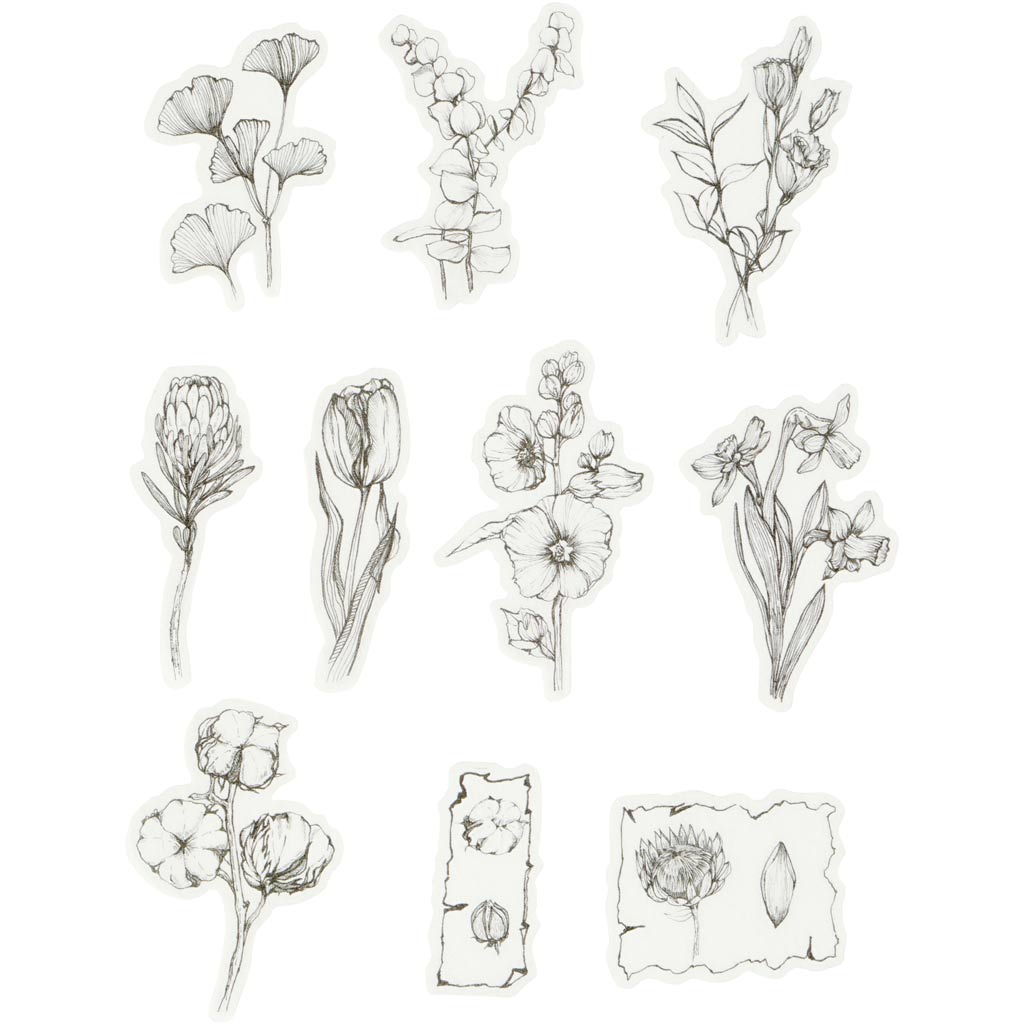Creativ Company Kreppband-Aufkleber, schwarze und weiße Blumen, Größe 30–50 mm, 30 Stück 1 Box