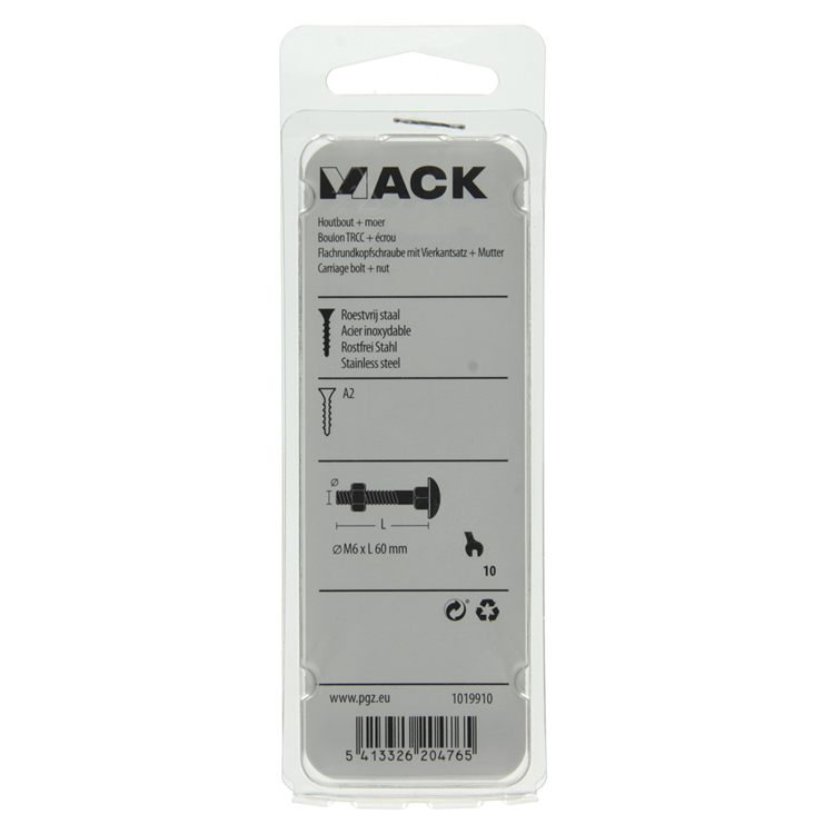 Mack 1019910 - Holzschraube + Mutter Edelstahl 2 Stück M6 x 60 mm | 10 Stück