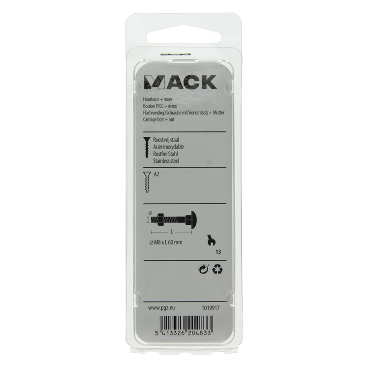 Mack 1019917 - Holzschraube + Mutter Edelstahl 3 Stück M8 x 60 mm | 5 Stück
