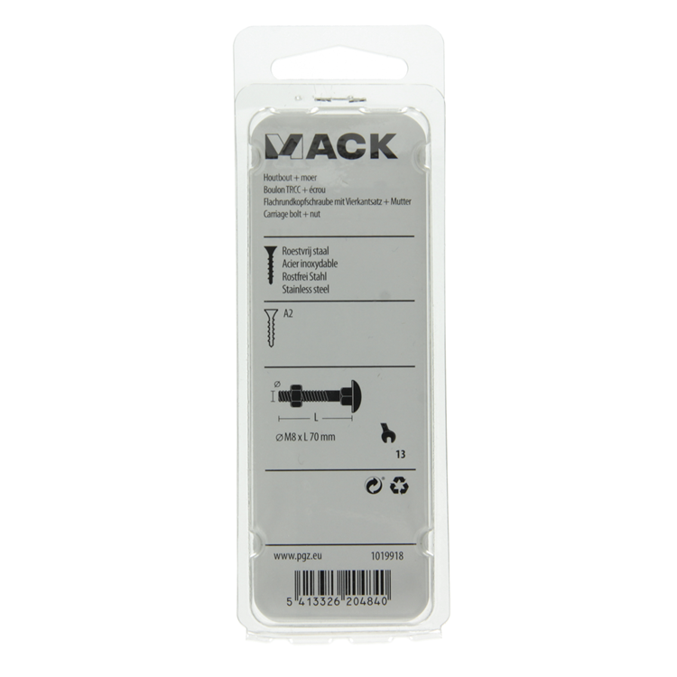 Mack 1019918 - Holzschraube + Mutter Edelstahl 2 Stück M8 x 70 mm | 5 Stück