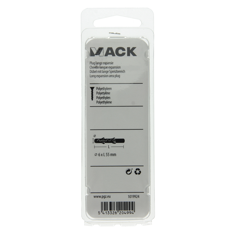 Mack 1019924 - Dübel mit langer Ausdehnung, Polyethylen, 12 Stück, 6 x 55 mm | 5 Stück