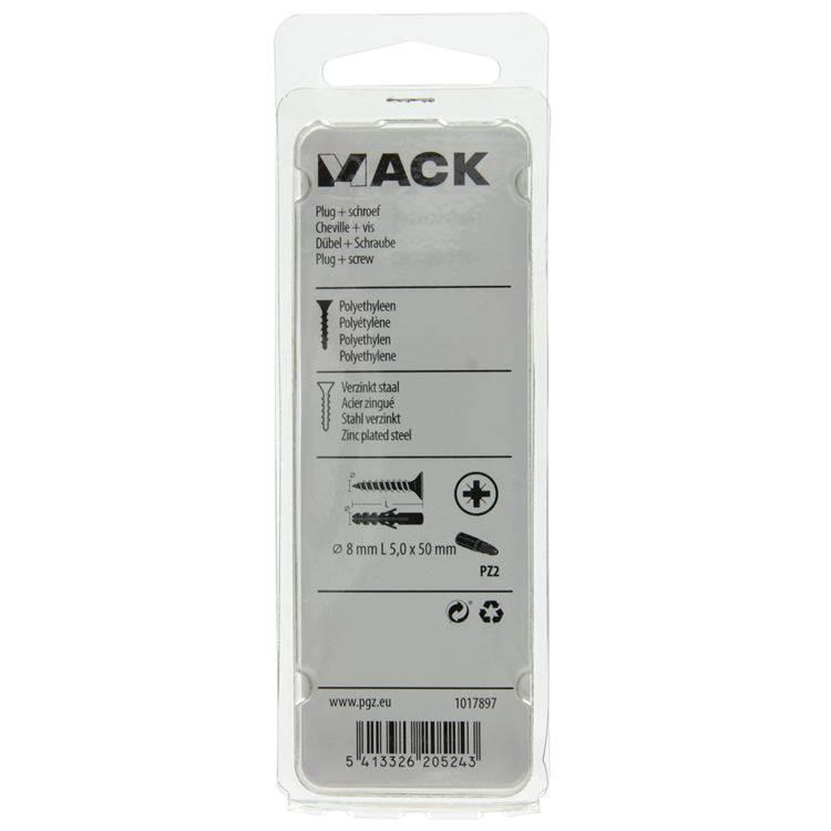 Mack 1017897 - Dübel + Schraube Polyethylen 10 Stück 8 mm 5,0 x 50 mm | 5 Stück