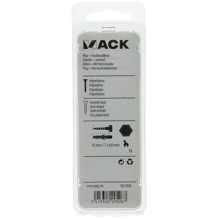 Mack 1017898 - Dübel + Holzgewindebolzen Polyeth 4 Stück 10 mm 7x60 mm | 5 Stück