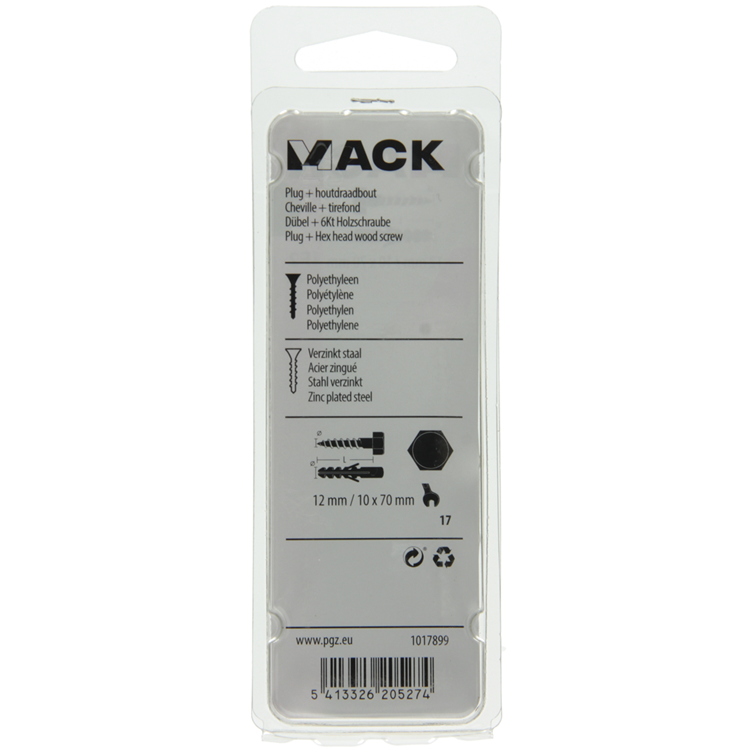Mack 1017899 - Dübel + Holzgewindebolzen Polyeth 2 Stück 12 mm 10x70 mm | 5 Stück