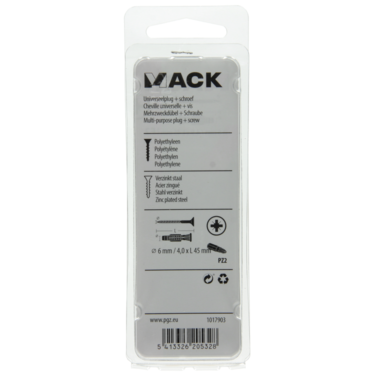 Mack 1017903 - Universalstecker + Schraube Polyeth12 Stück 6mm 4,0x45mm | 5 Stück