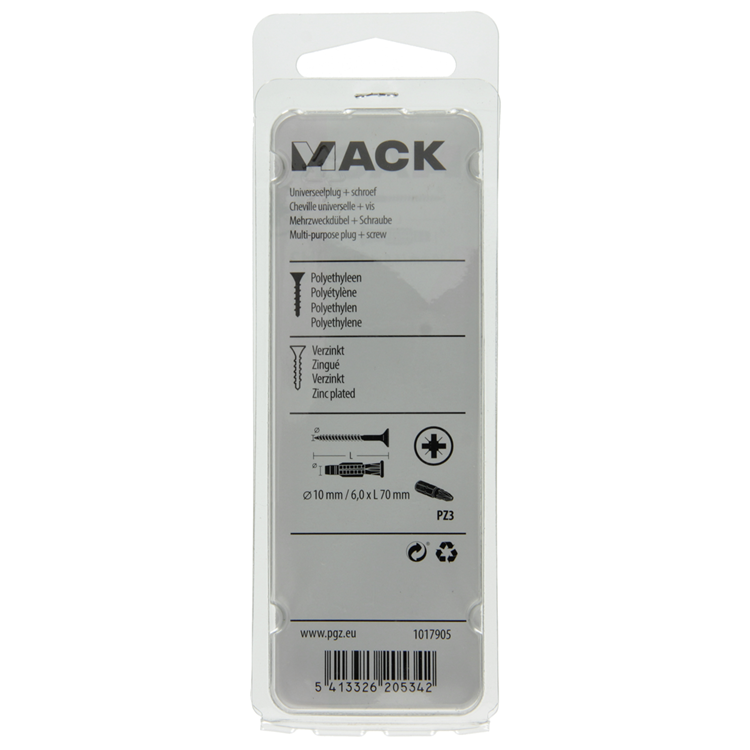Mack 1017905 – Universalstecker + Schraube Polyeth6 Stk. 10 mm 6,0 x 70 mm | 5 Stück