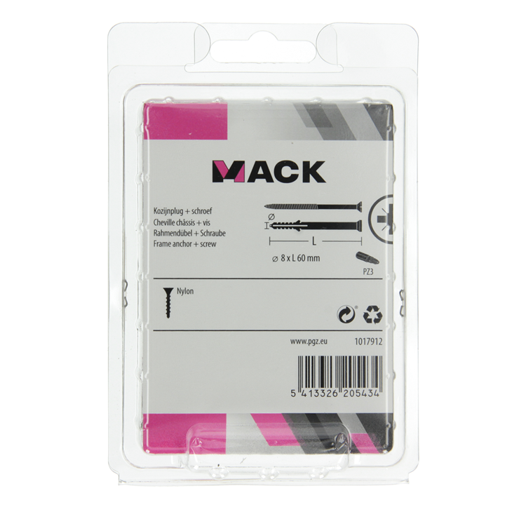 Mack 1017912 - Rahmendübel mit Schraube Polyamid 12 Stück 8 x 60 mm | 5 Stück