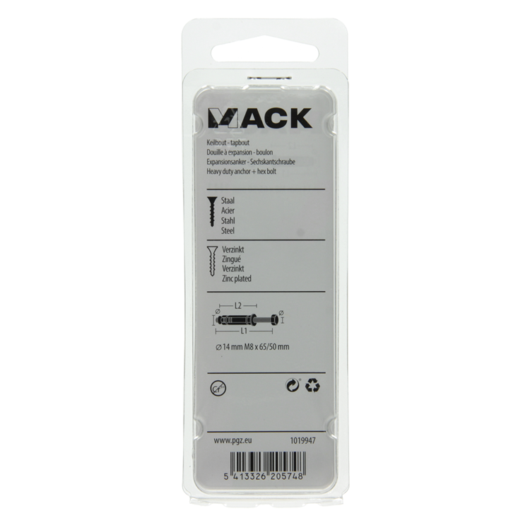 Mack 1019947 - Keilbolzen 6-kant Bolzen verzinkt 2 Stk. M8x65 14x50 | 10 Stück