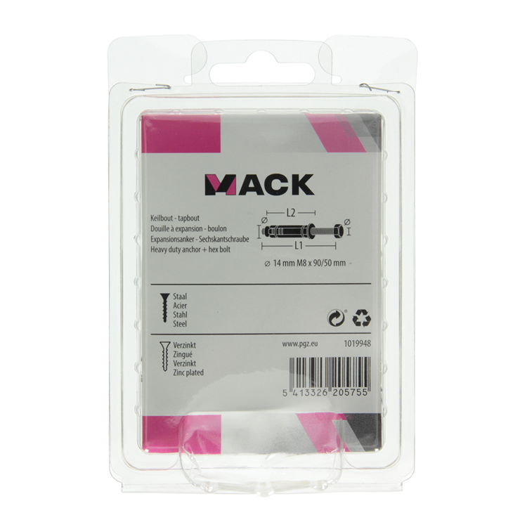Mack 1019948 - Keilbolzen 6-kant Bolzen verzinkt 2 Stk. M8x90 14x50 | 5 Stück